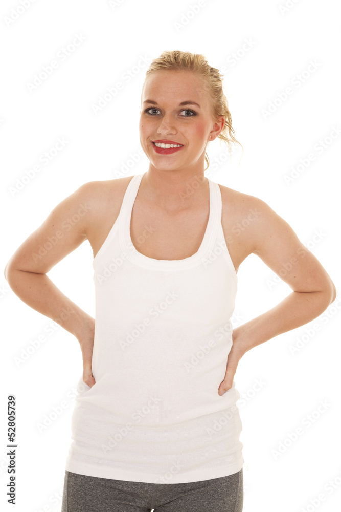 woman white tank top and smiling woman white tank top and smiling