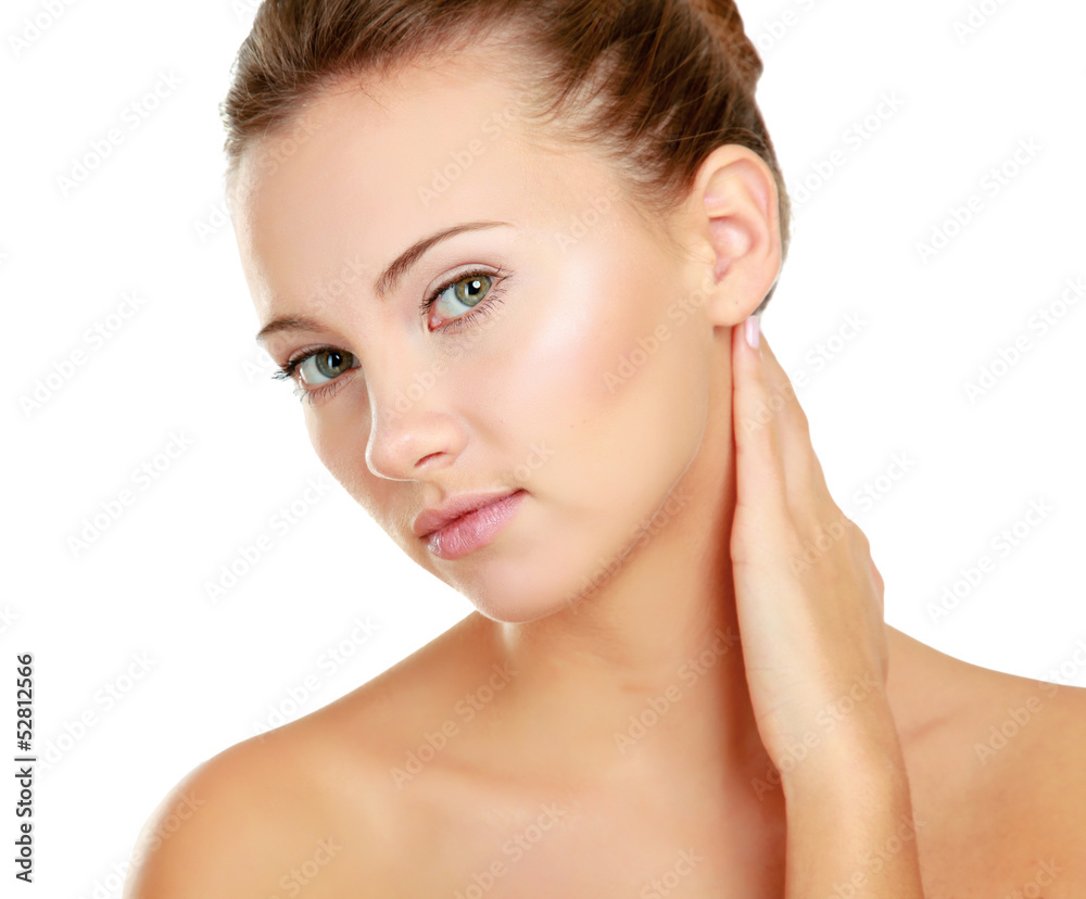 A beautiful woman touching her neck, portrait