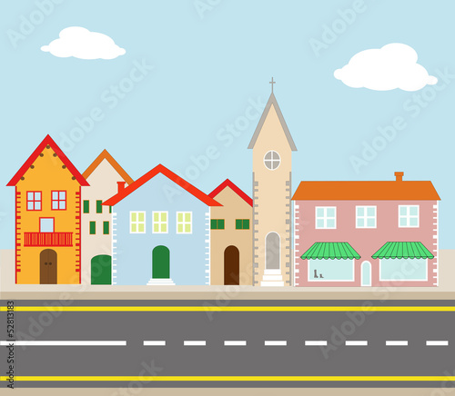 illustrazione di piccolo villaggio attraversato da una strada