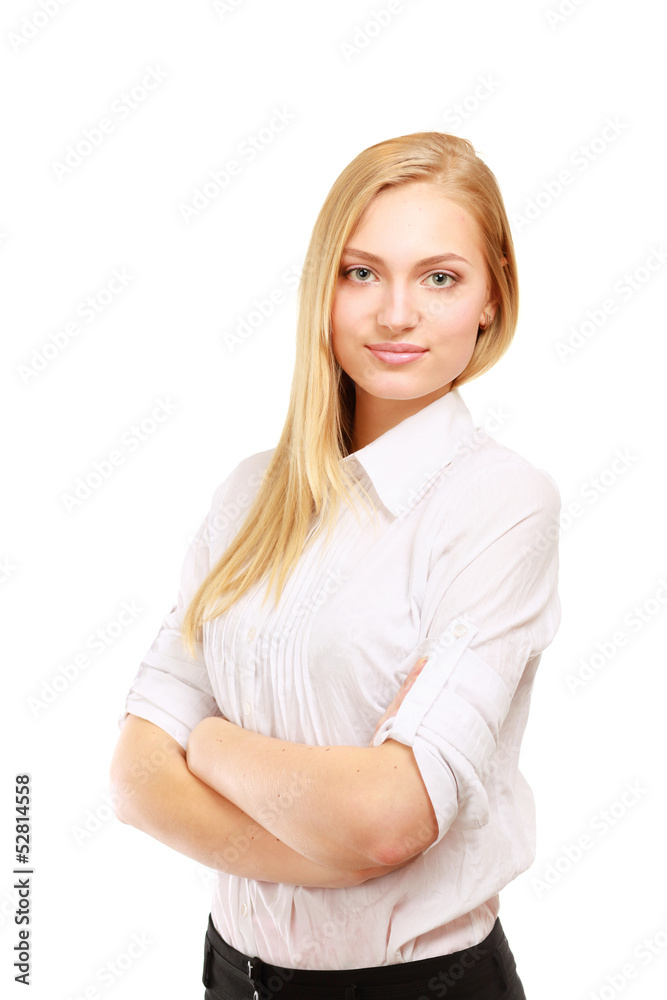 A beautiful woman standing with her arms crossed A beautiful woman standing with her arms crossed