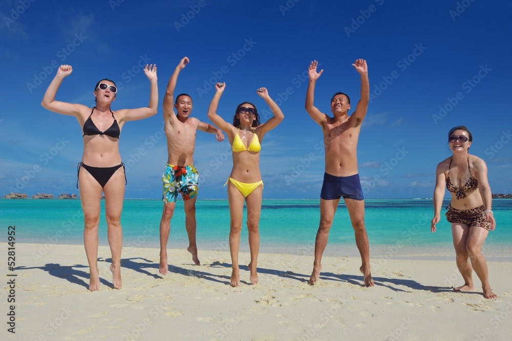 group of happy young people have fun on bach group of happy young people have fun on bach