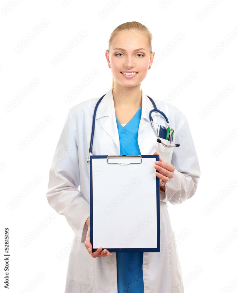 A female doctor with a folder isolated on white background A female doctor with a folder isolated on white background