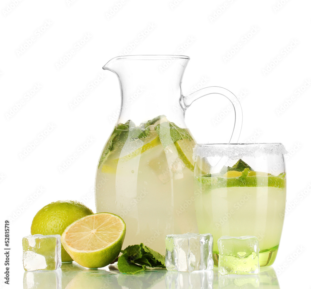 Fototapeta premium Lemonade in pitcher and glass isolated on white