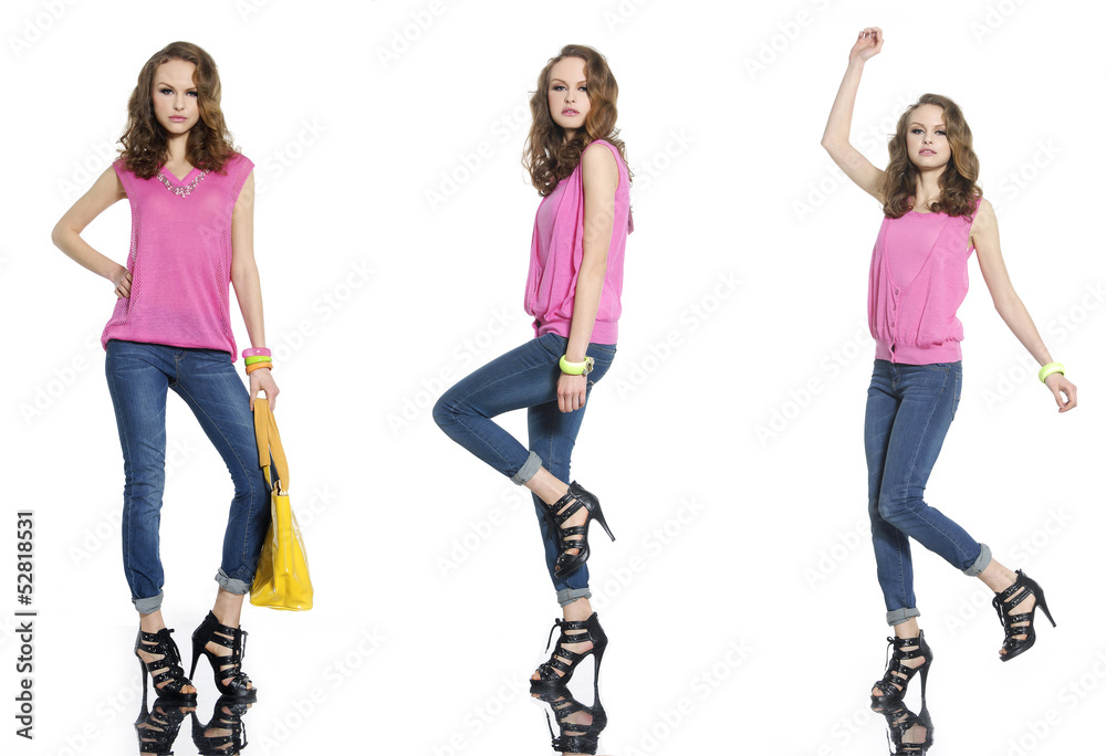 young beautiful stylish three girl in jeans with bag posing young beautiful stylish three girl in jeans with bag posing
