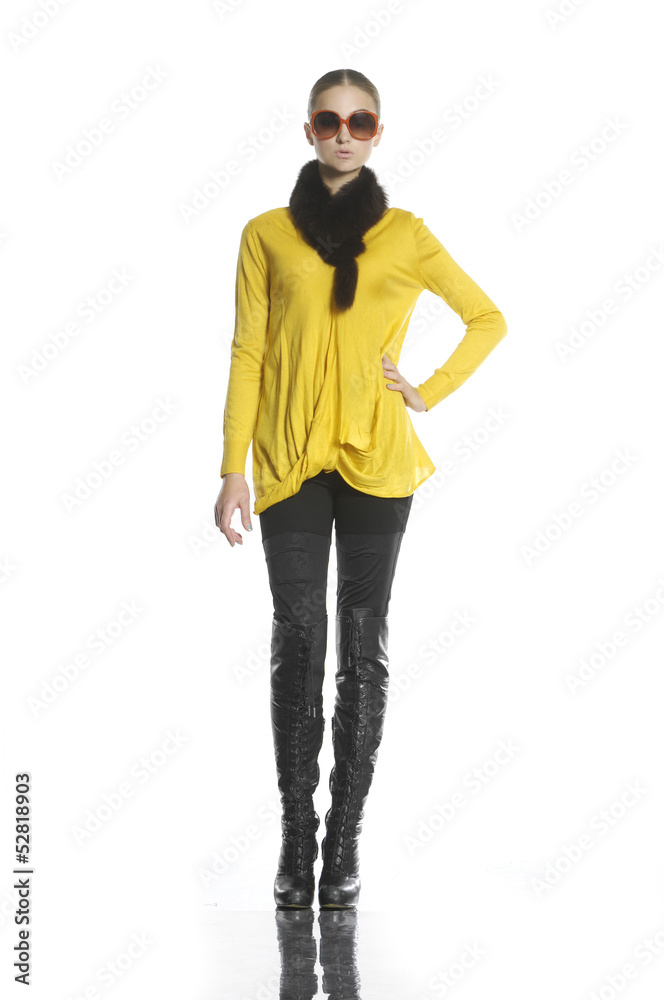 Full body in sunglasses with scarf posing in studio Full body in sunglasses with scarf posing in studio