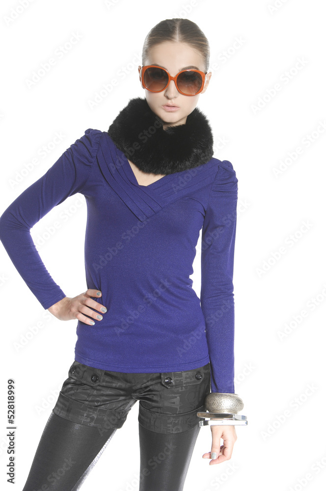 Fashion girl in sunglasses in scarf, studio shot Fashion girl in sunglasses in scarf, studio shot