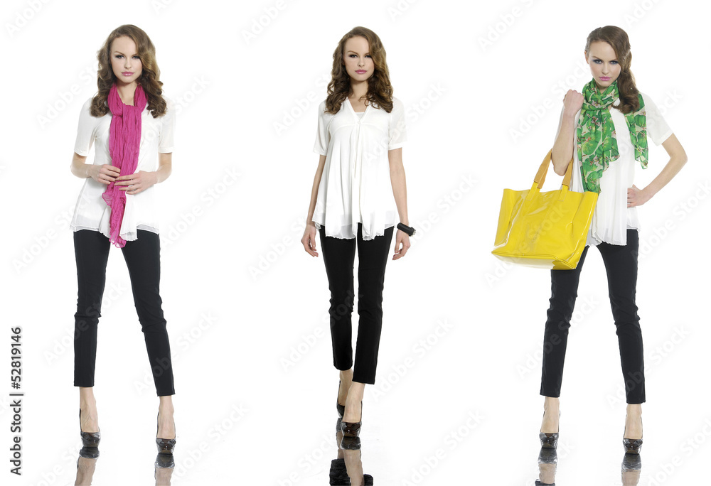 Fototapeta premium three young woman in jeans holding yellow bag posing