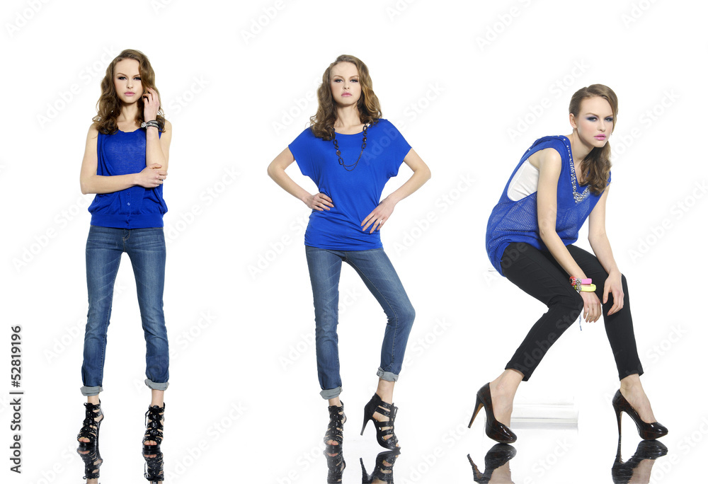 Fototapeta premium Full body young three woman in jeans posing on white background
