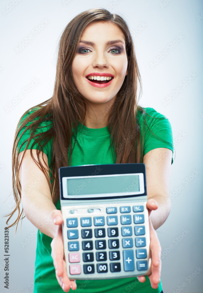 Isolated woman hold count machine. Isolated female portrait. Isolated woman hold count machine. Isolated female portrait.