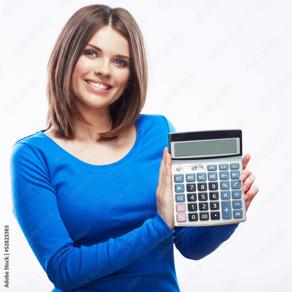Young woman hold digital calculator. Female smiling model white Young woman hold digital calculator. Female smiling model white