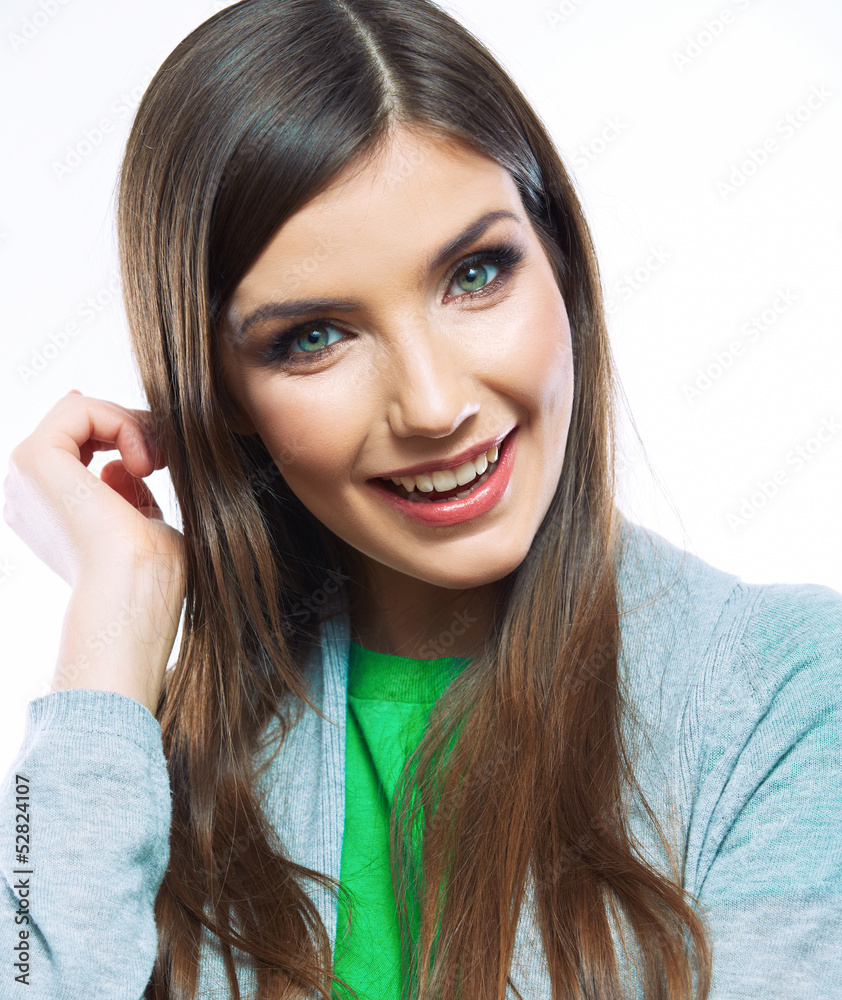 Portrait of happy smiling woman. Isolated on white background.