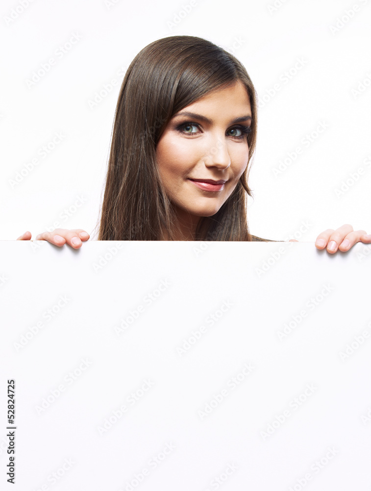 Portrait of smiling business woman hold blank board isolated on