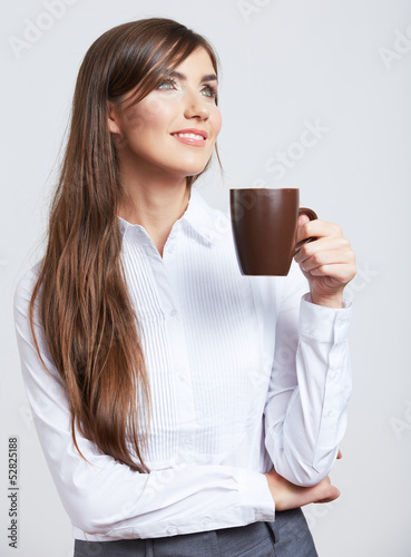 Business woman portrait isolated on white hold coffee cup.