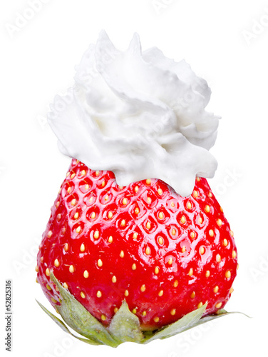 Whipped cream with tasty strawberry on a top isolated