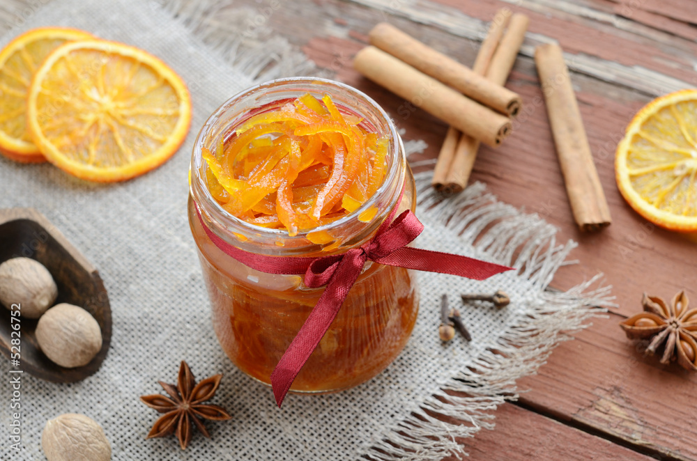 Homemade candied peels orange jam in glass jar Homemade candied peels orange jam in glass jar