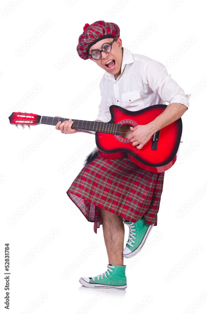 Funny scotsman with guitar on white Funny scotsman with guitar on white