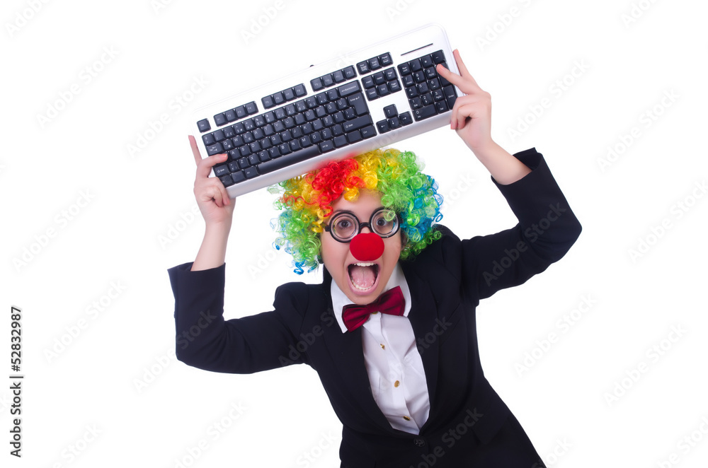 Funny clown with keyboard on white Funny clown with keyboard on white