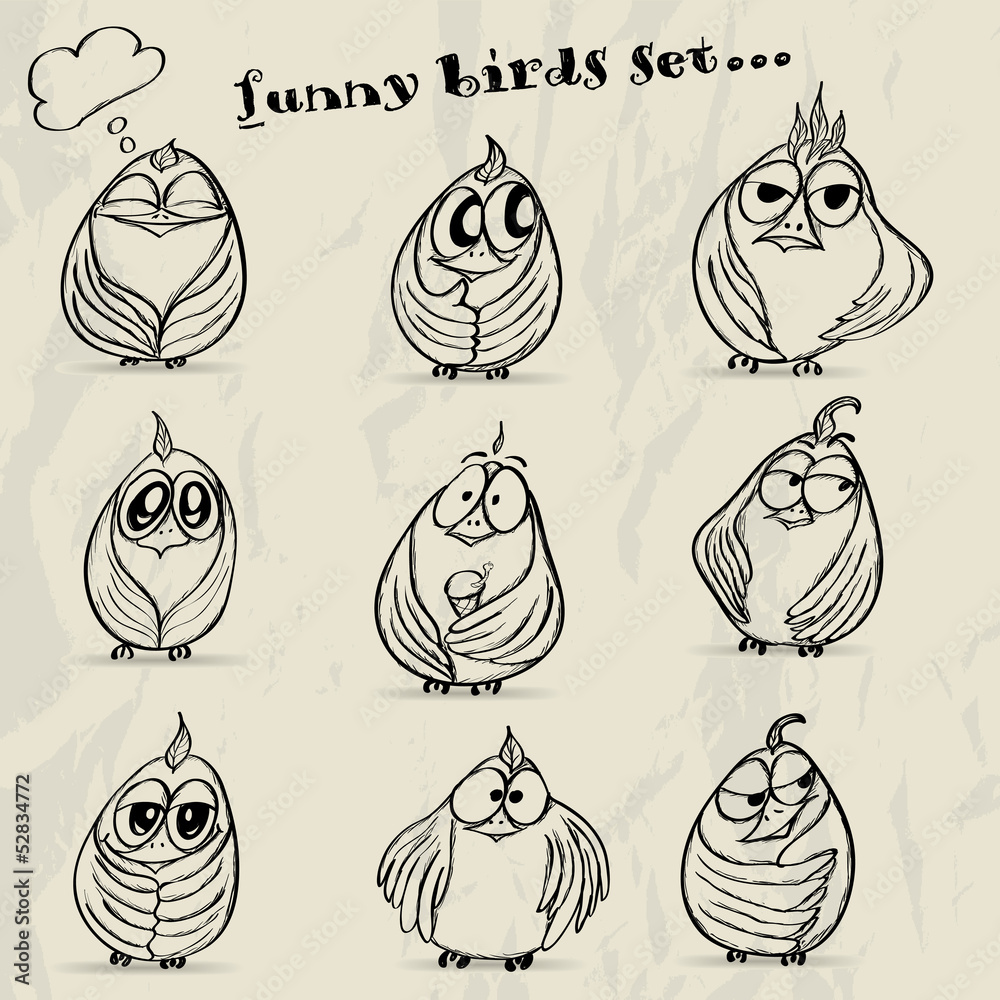 Set of 9 funny cartoon birds.