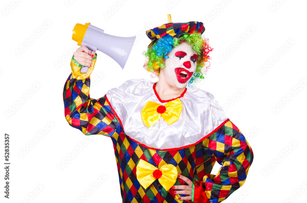 Clown with loudspeaker on white Clown with loudspeaker on white