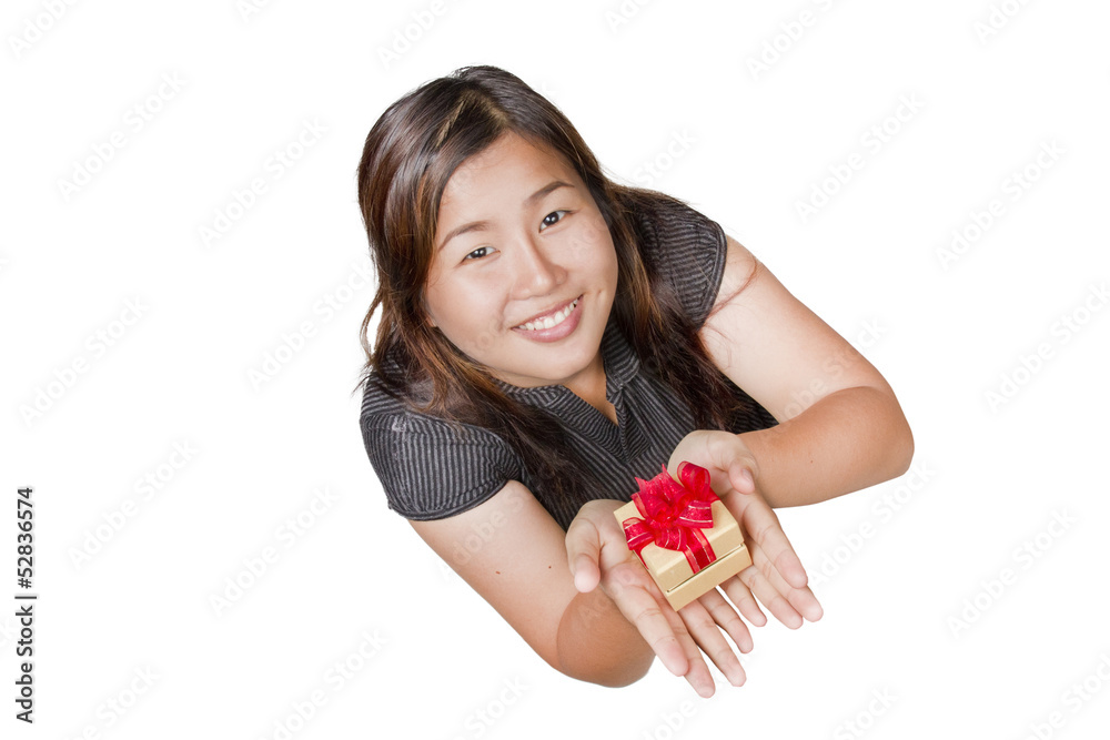 Asian girl and gift isolated on white background Asian girl and gift isolated on white background