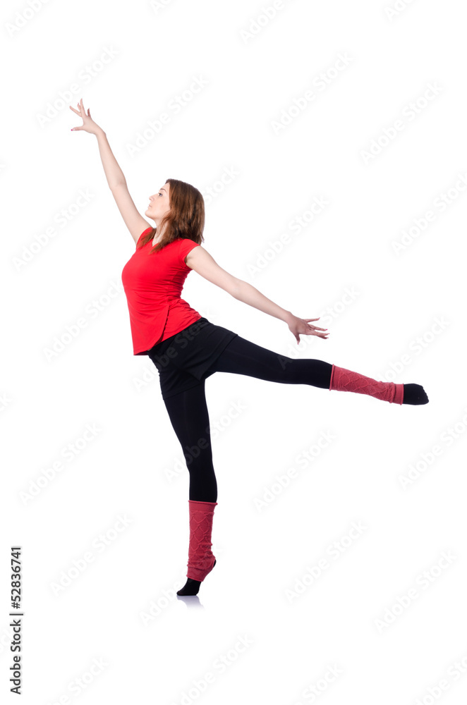 Young gymnast exercising on white