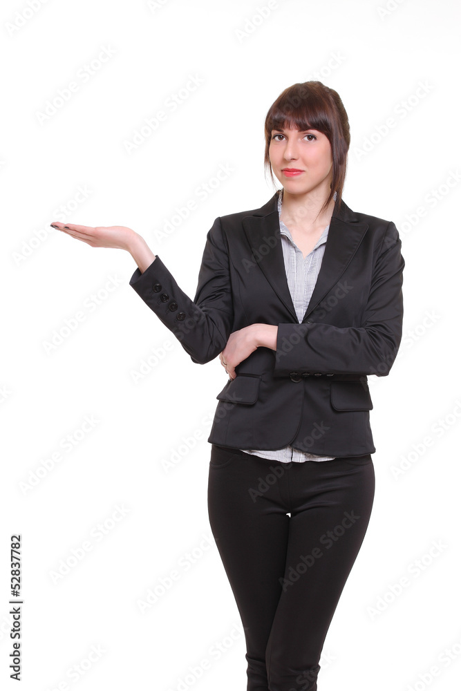Businesswoman smile point hand to empty copy space Businesswoman smile point hand to empty copy space