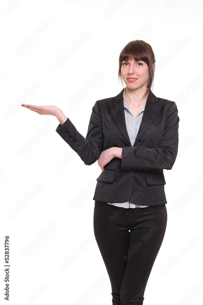 Businesswoman smile point hand to empty copy space Businesswoman smile point hand to empty copy space