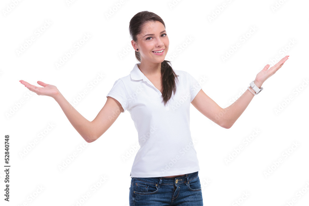 casual woman holds hands out casual woman holds hands out