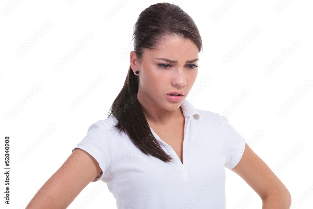 casual woman looks down casual woman looks down