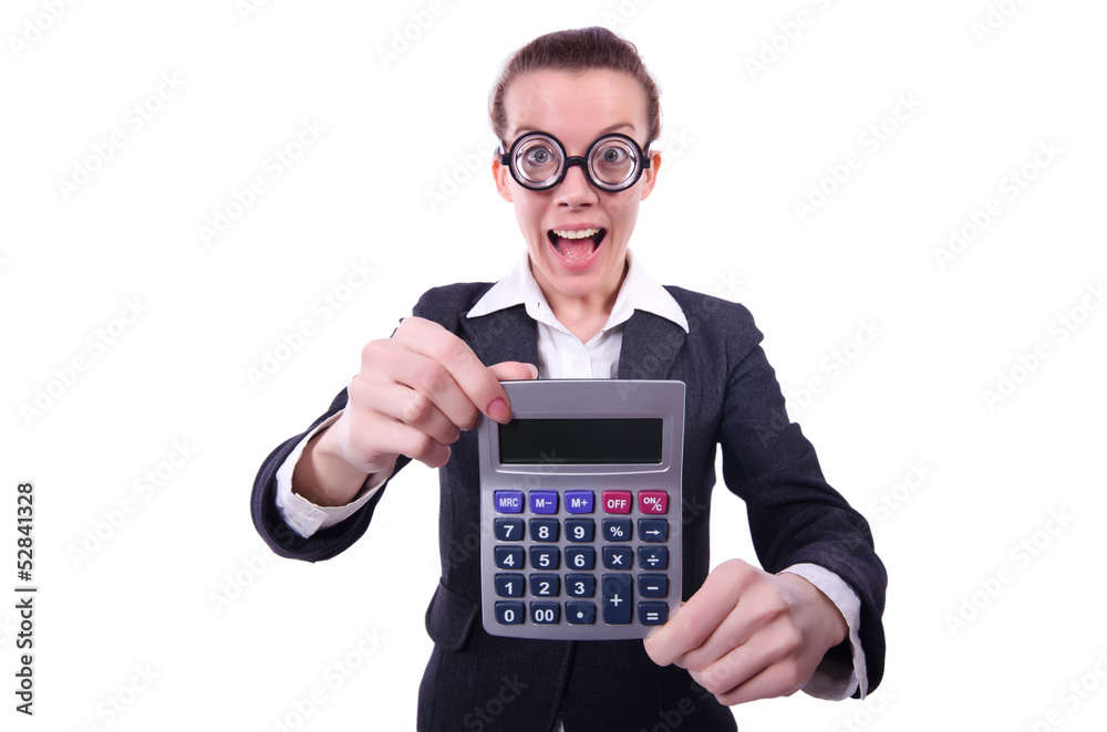 Nerd female accountant with calculator Nerd female accountant with calculator