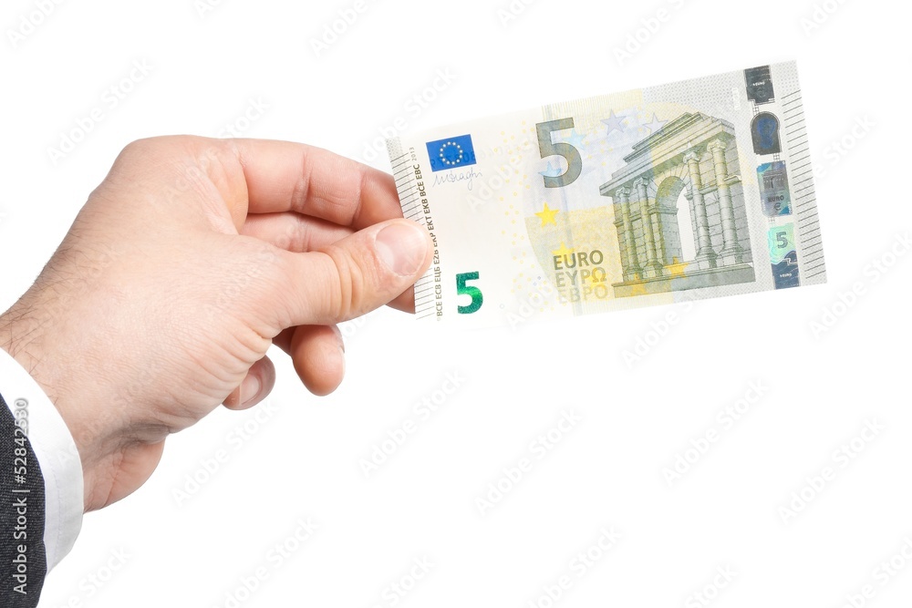 hand of business man with five Euro in banknotes hand of business man with five Euro in banknotes