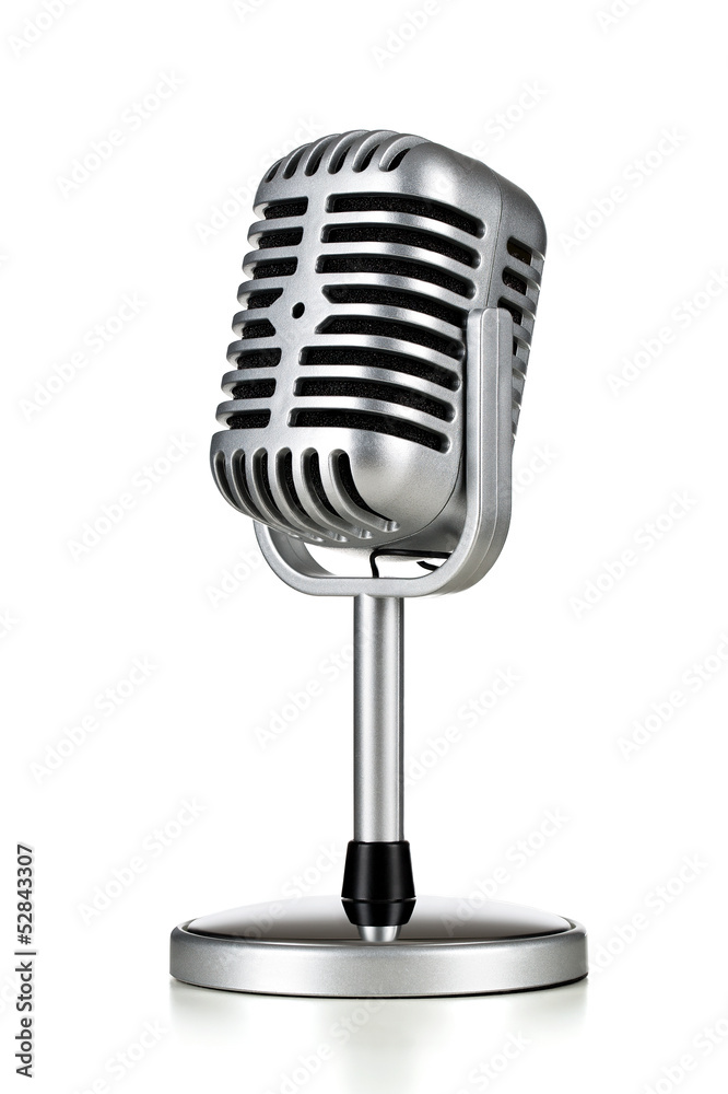 Vintage silver microphone isolated on white background - obrazy, fototapety, plakaty 