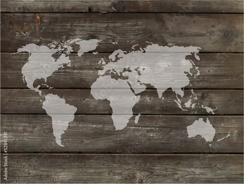 Vector world map with wood background