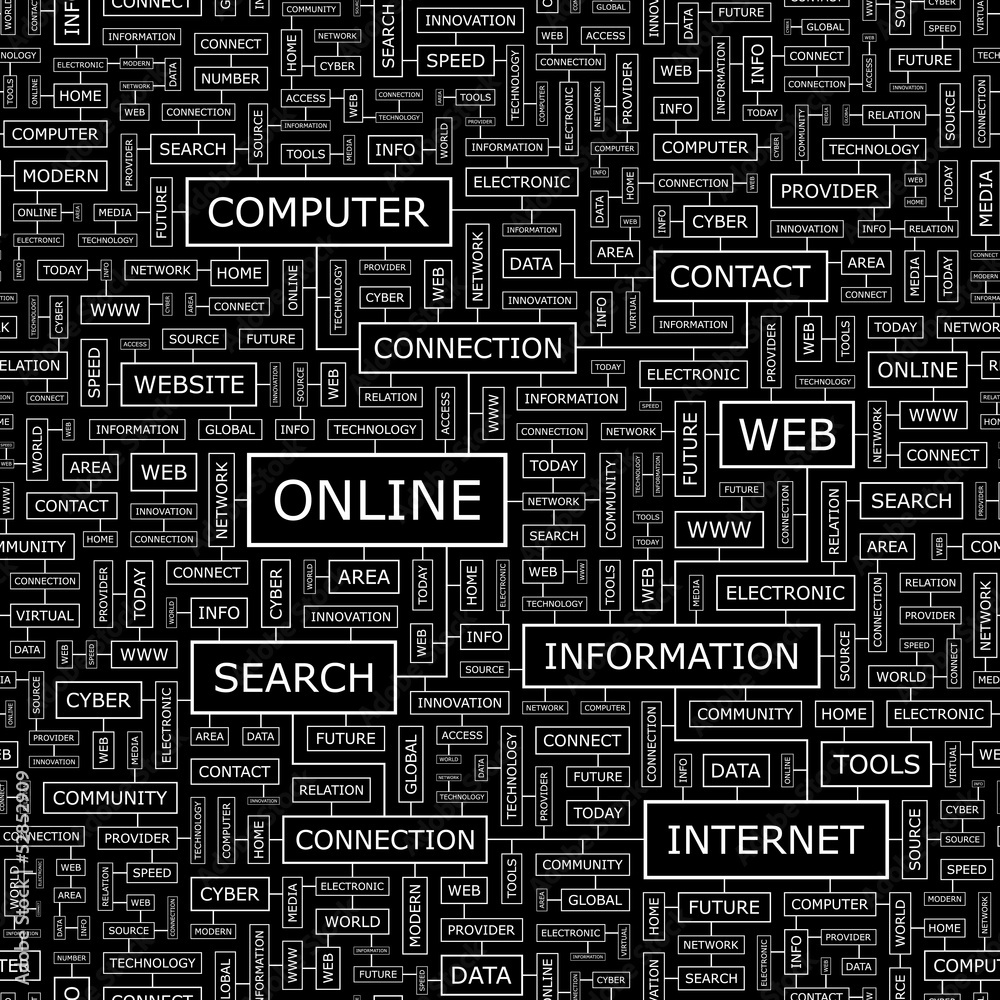 ONLINE. Word cloud concept illustration. ONLINE. Word cloud concept illustration.