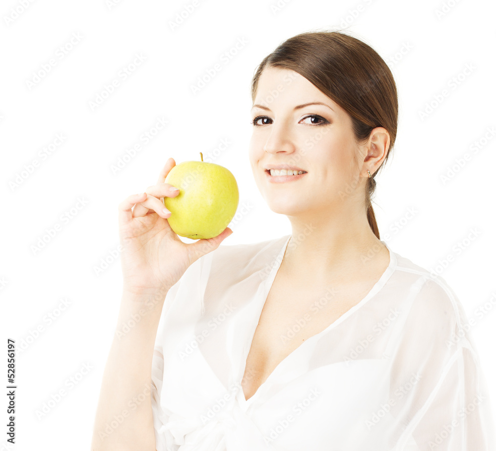 beautiful woman holding green apple, isolated white beautiful woman holding green apple, isolated white