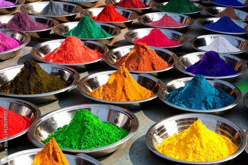 Colorful tika powders on Orcha market, India