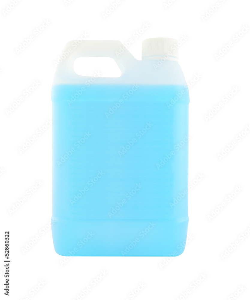 White plastic gallon with blue liquid on white background. White plastic gallon with blue liquid on white background.