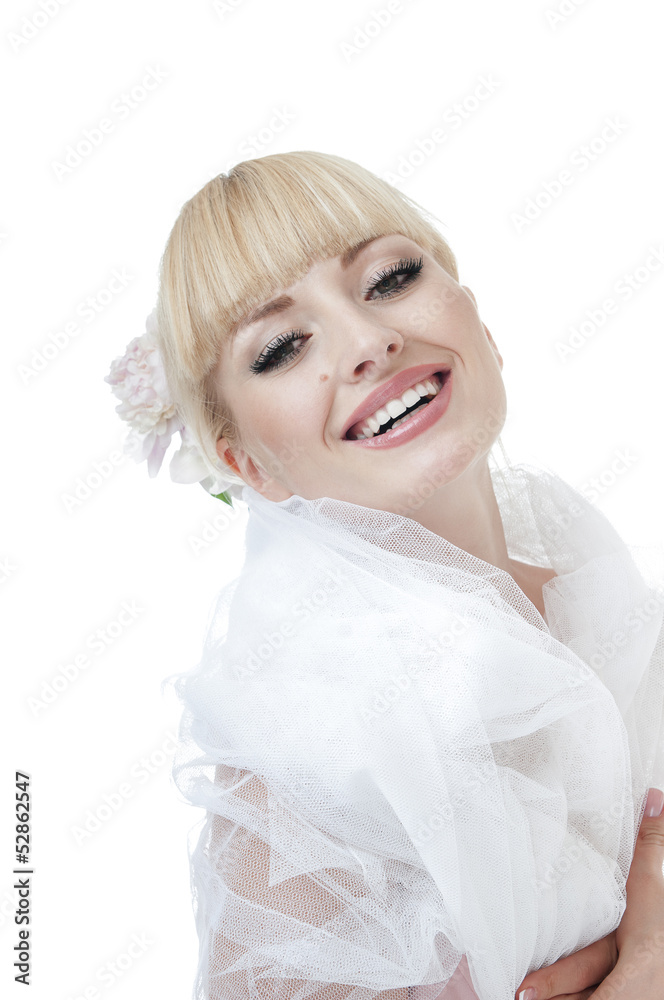 Portrait of smiling sensual woman on  white background.