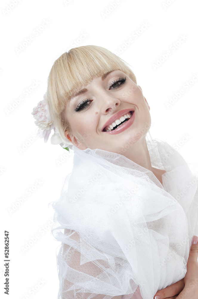 Portrait of smiling sensual woman on white background. Portrait of smiling sensual woman on white background.