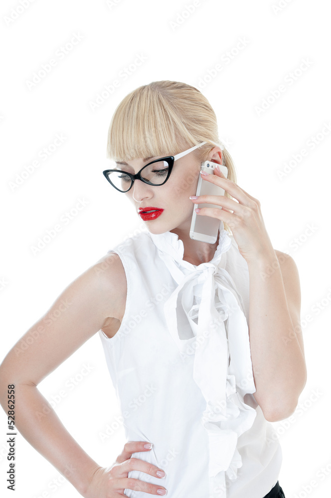 Sexy blonde  business woman using  smartphone wearing glasses.