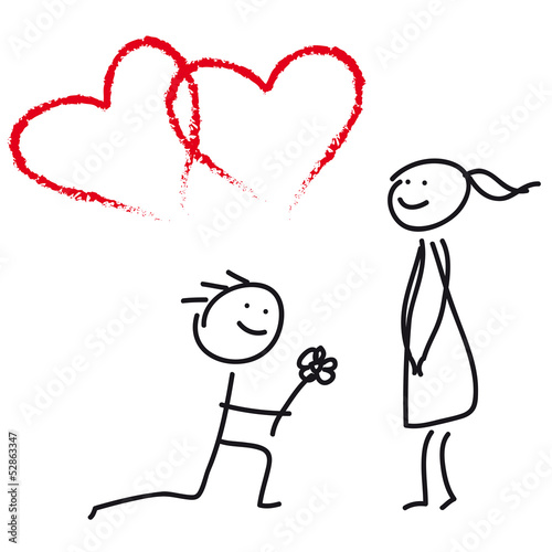 Heiratsantrag - möchtes Du meine Frau werden und mich heiraten? Verliebtes Paar mit Herz, Hochzeit, Heirat, Verlobung, Trauung, Liebe, Valentin, Valentinstag, Strichfigur macht einen Kniefall