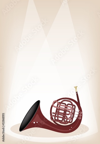 A Musical French Horn on Brown Stage Background