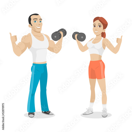 Guy and girl hold in dumbbell hand