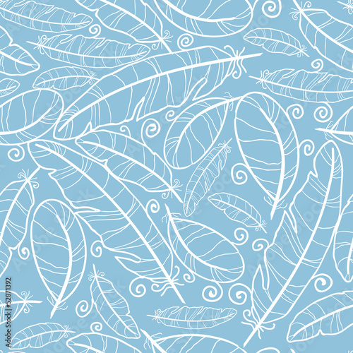 Vector white on blue feathers seamless pattern background with