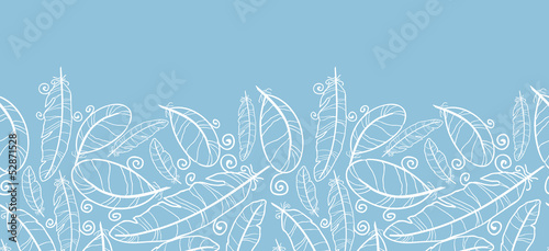 Vector white on blue feathers horizontal seamless pattern