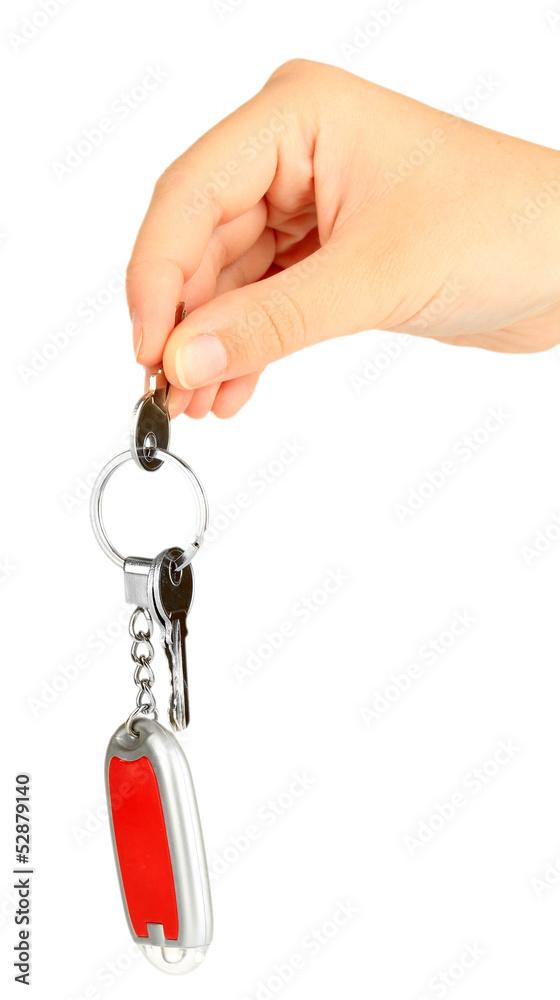 Keychain with house keys in hand isolated on white Keychain with house keys in hand isolated on white