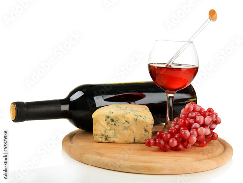 Wine, tasty blue cheese and grape, isolated on white