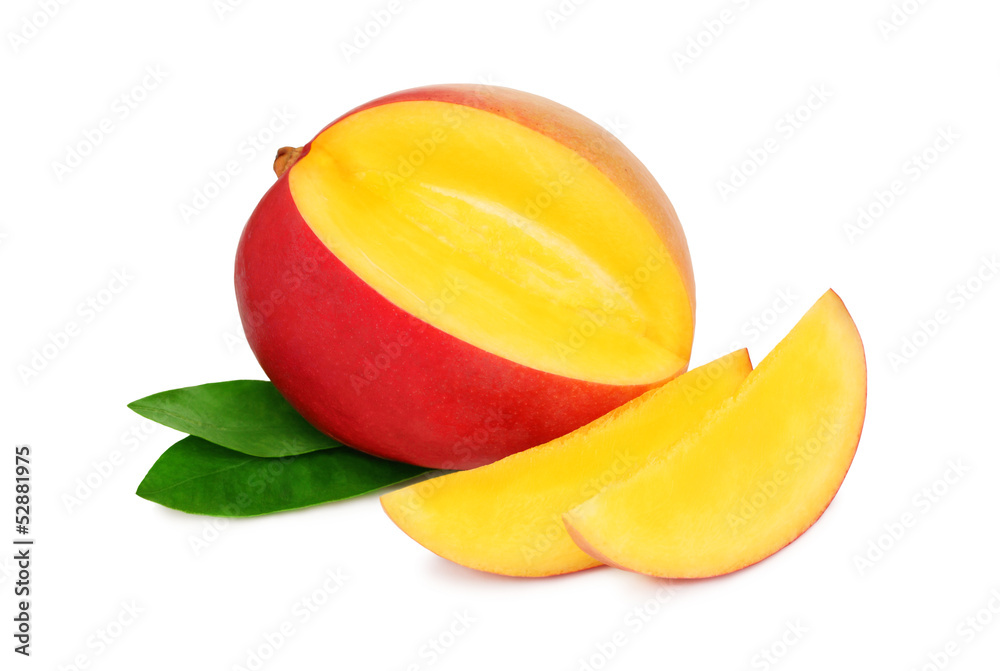 One ripe mango with slices on white background