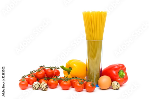 vegetables, pasta and quail eggs on a white background