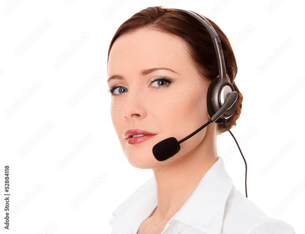 Support phone operator in headset, isolated on white Support phone operator in headset, isolated on white